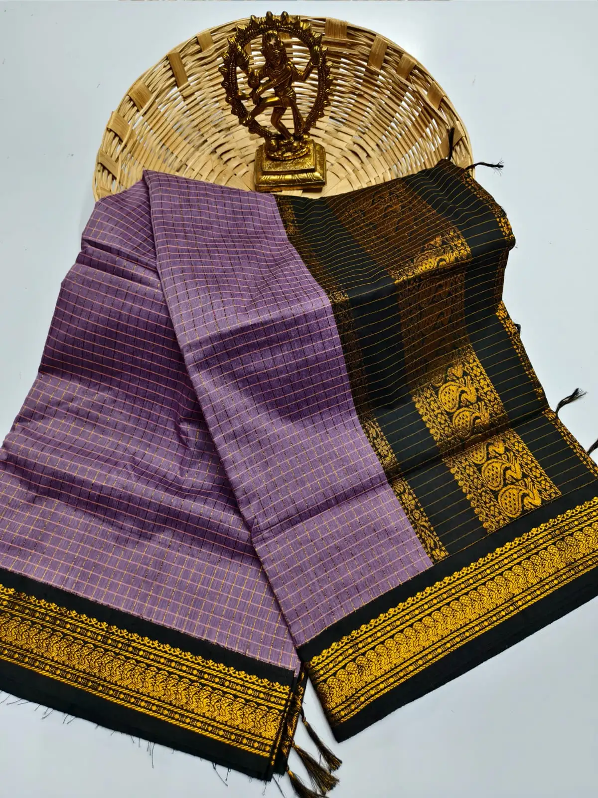 Lavender Black Checked Paisley Zari Cotton Saree